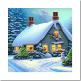 Magical Fantasy Cottage with Lights In A Snowy Scene, Scenery Nature Posters and Art